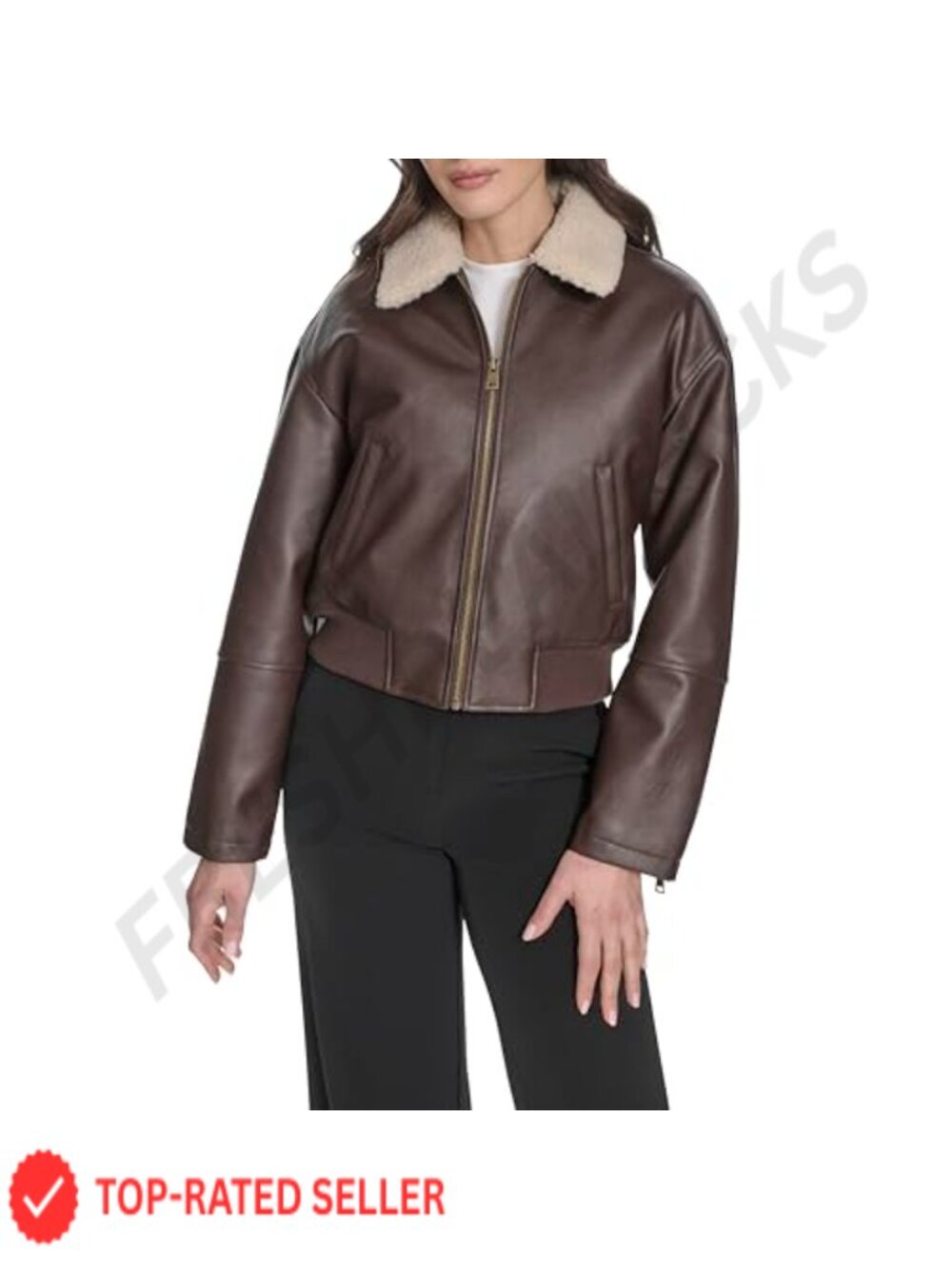 Faux Leather Bomber Jacket with Laydown Sherpa Collar